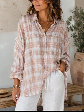 American Eagle Oversized Linen Button-Up Beach Shirt Blush Tan White Plaid S EUC